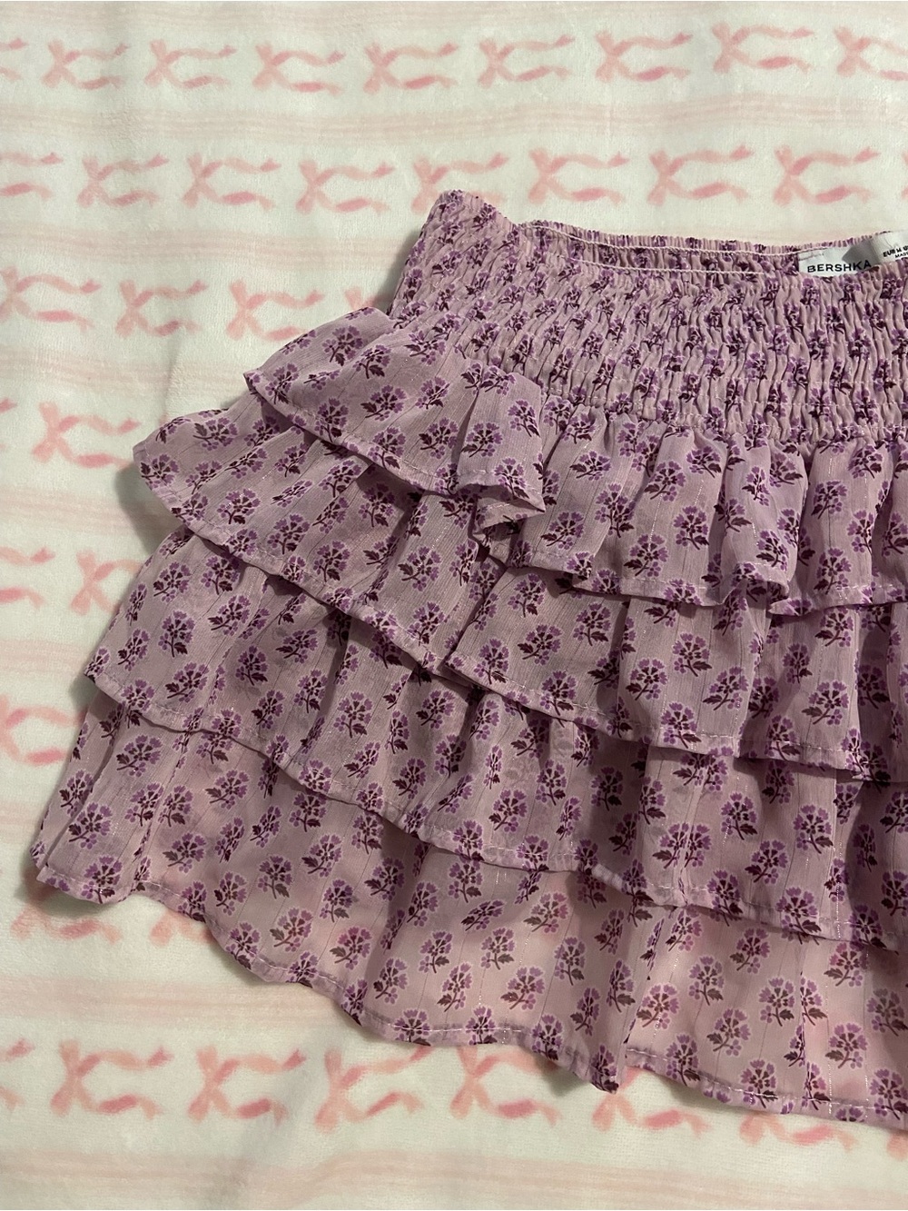 Bershka Lilac Floral Ruffle Tiered Mini Skirt